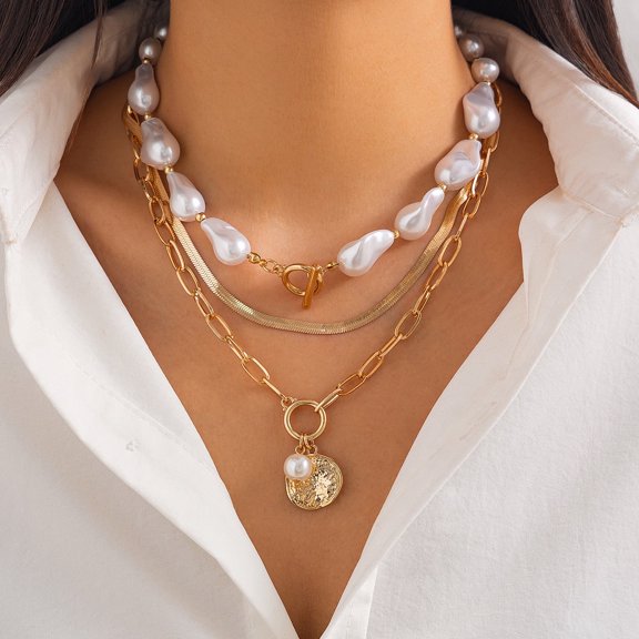 NICKSUN Gold Layered Irregular Baroque Imitation Pearl Pendant Necklaces for Women, Vintage Multi Layer Paperclip Beaded Pearls Snake Chain Choker OT Buckle Necklaces Jewelry Gift