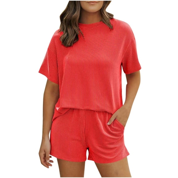 Sexlip Womens Loungewear Two Piece Set Cropped Top Elastic Shorts Soft Material Loose Design for Casual Home Wear Red M