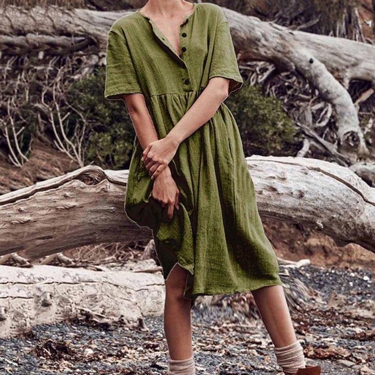 ZVNAH Womens Plus Size Cotton Linen Dress Summer Casual Crew Nneck Short Sleeve Pleated Dress Button Down Beach Dress - Walmart.com ZVNAH Womens Plus Size Cotton Linen Dress Summer Casual Crew Nneck Short Sleeve Pleated Dress Button Down Beach Dress - Walmart.com