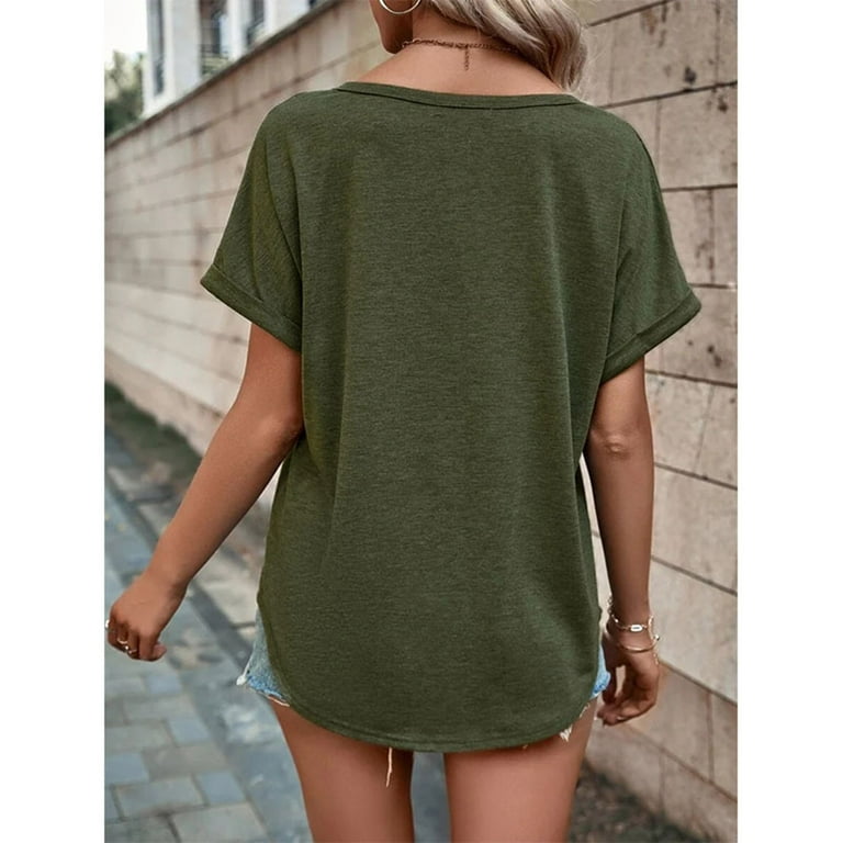 Scyoekwg Womens Summer Tops Short Sleeve Shirts for Women Clearance Plus  Size Summer Casual Solid Color Notch Neck Roll Up Sleeve Trendy Relaxed Fit