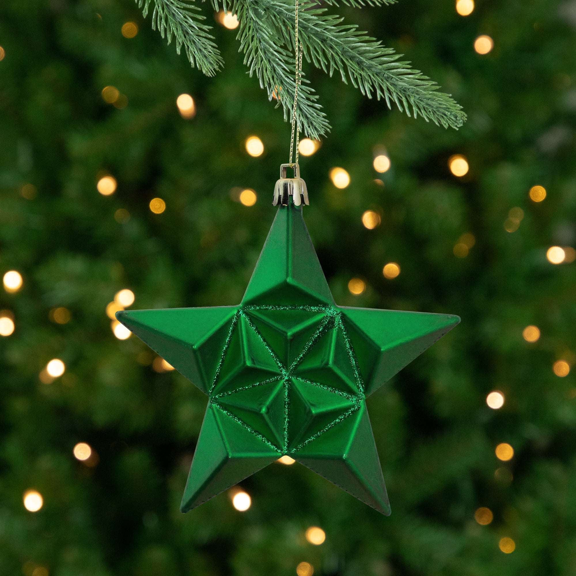 DAK 12ct Matte Xmas Green and Gold Glittered Star Shatterproof Christmas Ornaments 5"