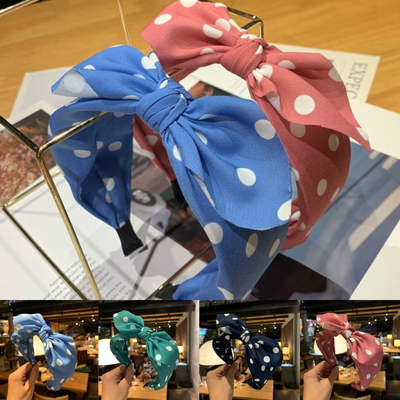 Siminsem Ladies Summer Bow Dot Print Headband, Polka Dot Hairband Zig Zag Headbands for Women, Cute Wide Skincare Headband Beach Hair Accessories Non Slip Daily Wear, Blue, One Size