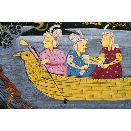 Detail From Painting From 17Th Century Persian Manuscript Men And Woman In Boat On River Or Lake Man Fishing From Boat Stretched Canvas - Ken Welsh  Design Pics (18 x