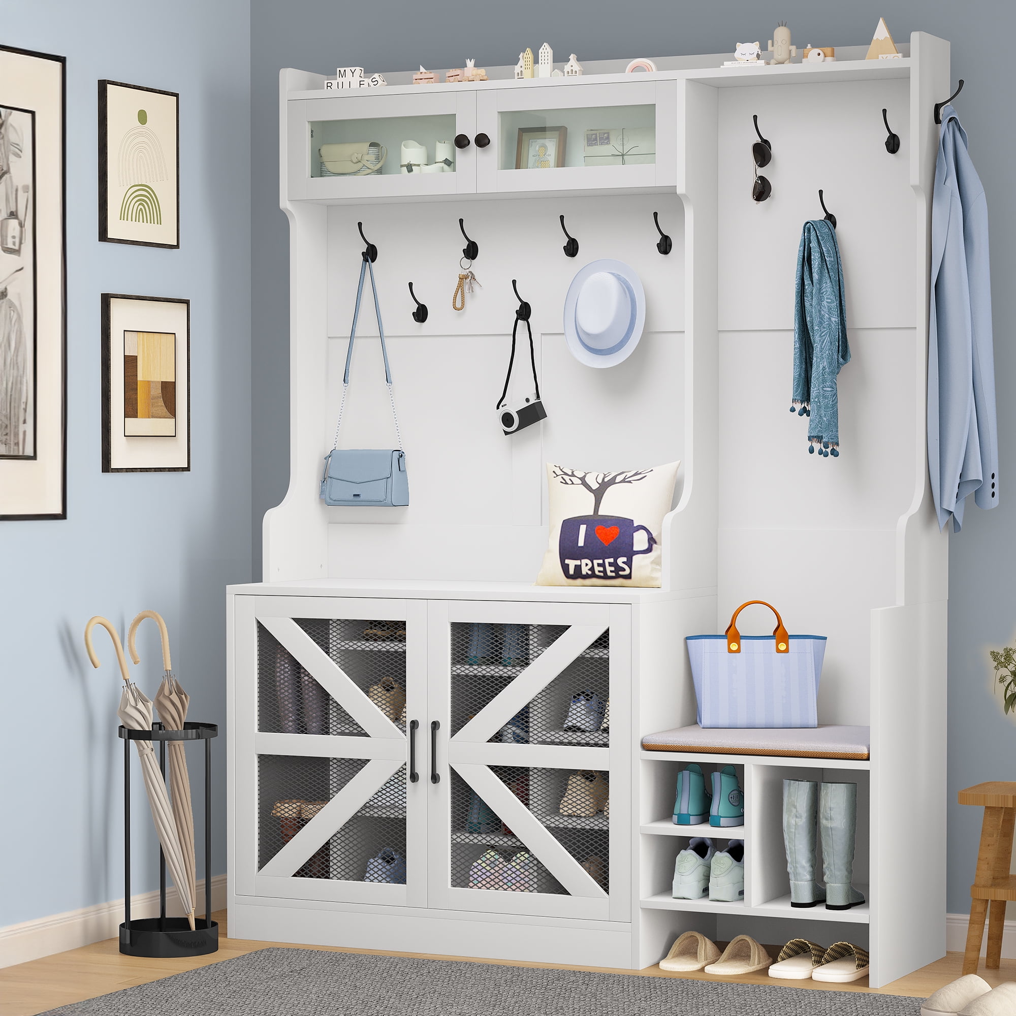 Free Shipping Prepac White Hall Tree with Bench and Shoe Storage 60 W x 77 H x 15.5 D 24 Shoe Cubby Mudroom Bench with Storage and Hooks Walmart