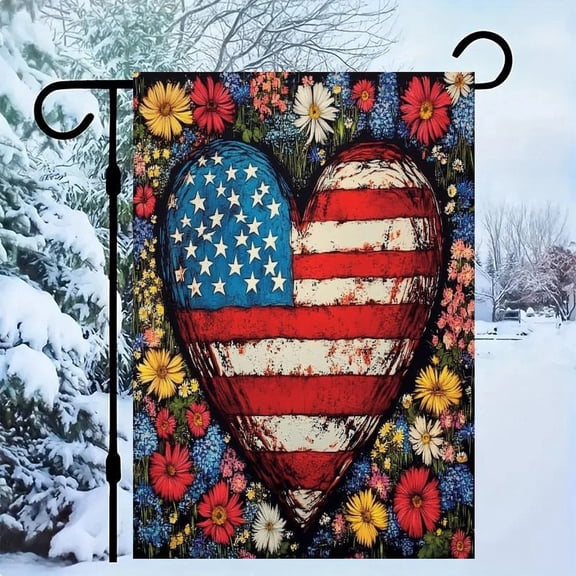 RKSupls Patriotic Linen Double Sided Garden Flag, Independence Day Themed Yard Decor, Heart Flag Floral Garden Outdoor Banner for Holiday Lawn