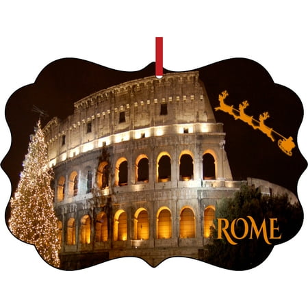 - Santa Klaus and Sleigh Riding Over the Roman Colosseum on Christmas Even Rome Italy Elegant Aluminum Semigloss Christmas Ornament Tree Decoration - Unique Modern Novelty Tree Décor Favors