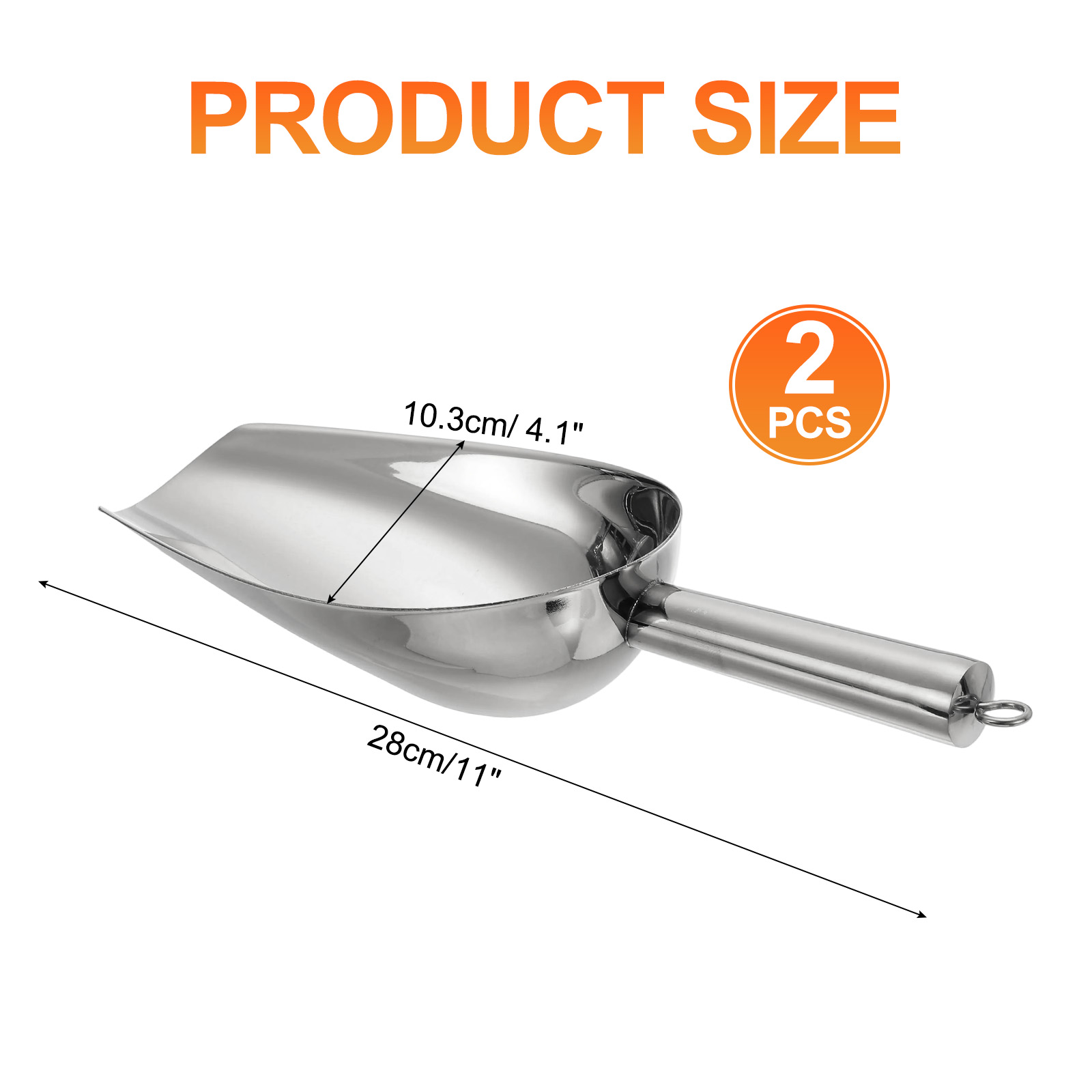 2pcs Metal Ice Scoop, 11" x 4.1"Stainless Steel Ice Scooper for Home Bar Use, Silver