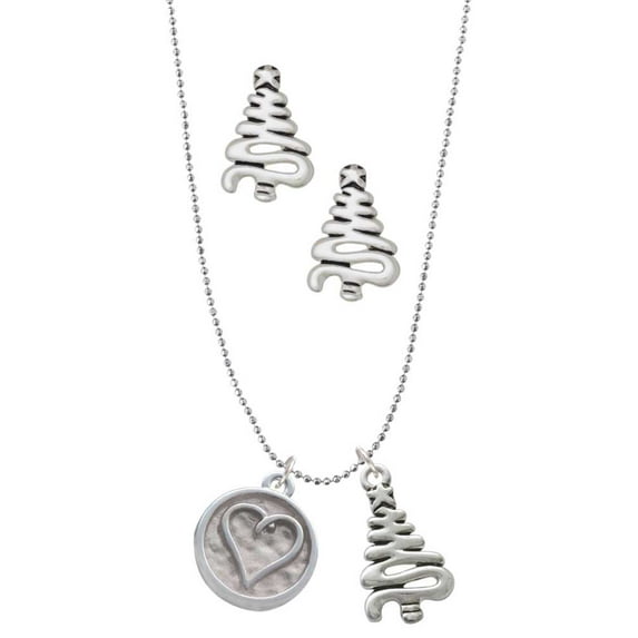 Delight Jewelry Silvertone Heart Outline - Round Seal Silver tone Zig Zag Christmas Tree Charm Necklace and Stud Earrings