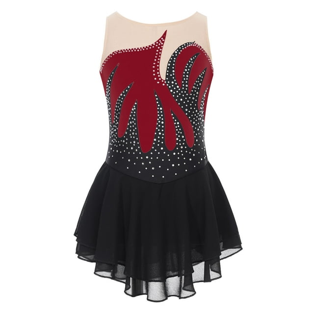 Yeahdor Robe de Patinage à Roulettes pour Filles avec Strass Sans Manches Justaucorps de Ballet Gymnastique Danse Bourgogne 10