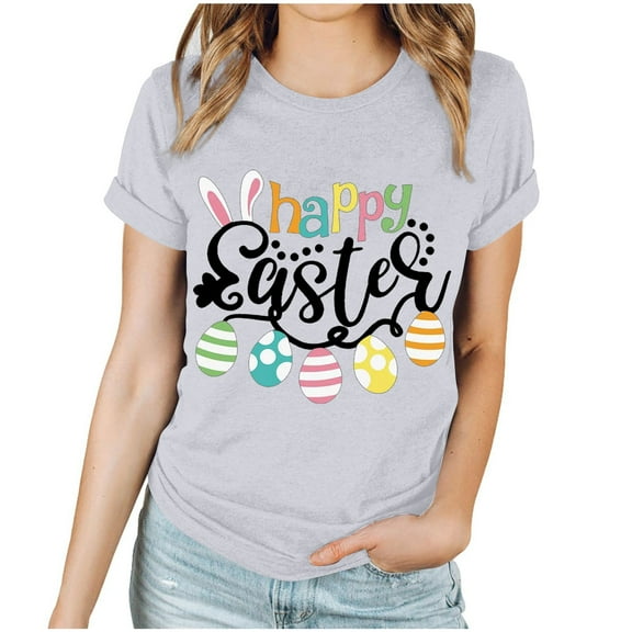 EQWLJWE Women's Happy Easter Day T Shirt Bunny Eggs Graphic Tee Casual Crew Neck Short Sleeve Cute Easter Holiday Top for Church School Work Gray(S-3Xl)