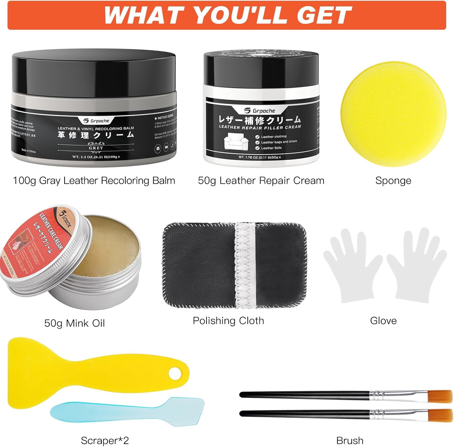 JJEAN-Leather Recoloring Balm Grey, Mink Oil Leather Conditioner & Leather Filler Cream, Leather Repair Kit for Furniture,Vinyl Repair Kit Restore Couches, Car Seats, Purse, Scratch, Peeling, Burn Ho