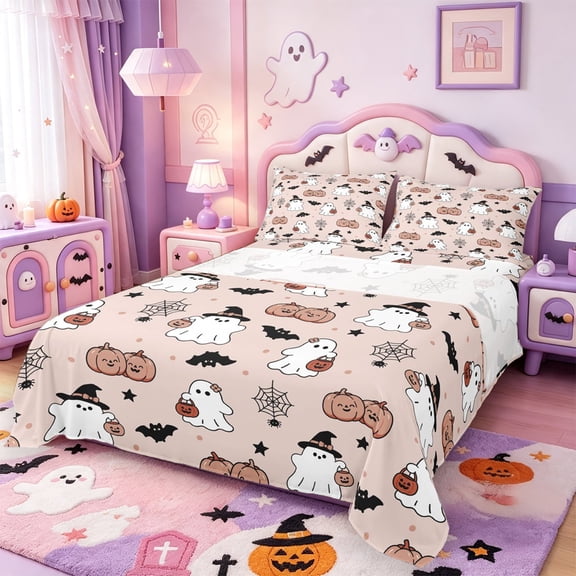 Manfei Cartoon Ghost Bed Sheets,Cute Turkey Print Halloween Full Size Sheets,4-Piece,1 Flat Sheet,1 Fitted Sheet and 2 Pillowcases