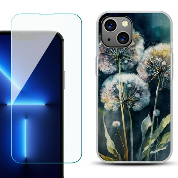 OneToughShield ® for iPhone 15 Fashion Phone Case, with Tempered Glass Screen Protector - Dandelion Color