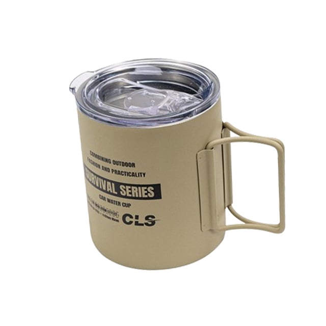 Taza de camping de metal aislada al vacío Colamx con tapa y asa plegable Caqui 320 ml