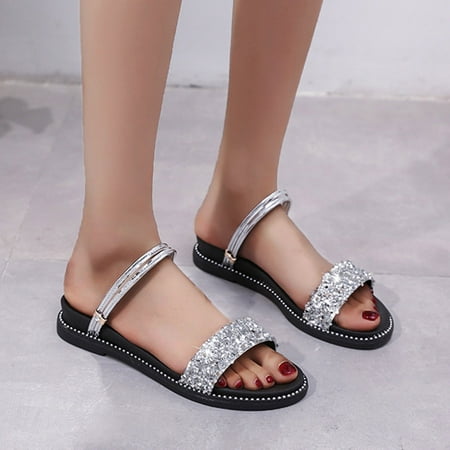 

〖Yilirongyumm〗 Silver 40 Slippers For Women Sandals Diamond Large Bottom Women s Wear One Line Summer Flat Two Women s Slipper