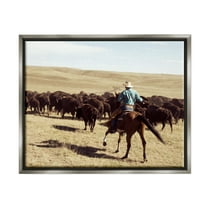 Stupell Industries Cowboy & Cattle in Desert Animals & Insects Photography Gray Floater Framed Canvas Art Print Wall Art, 21 x 17