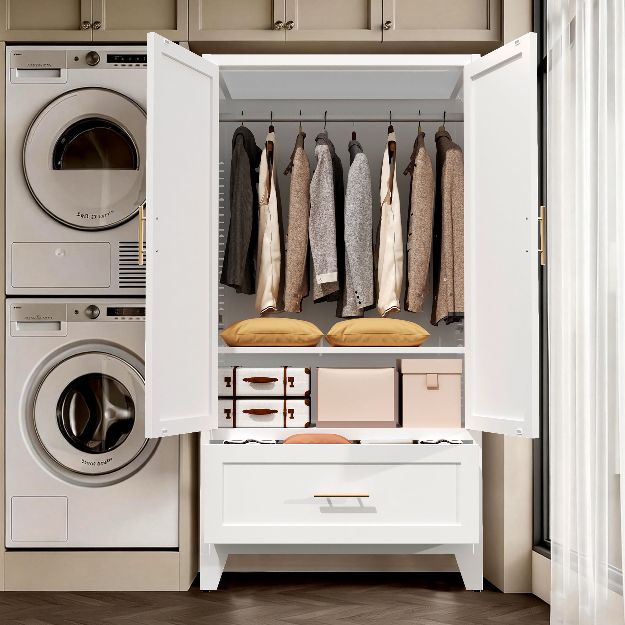 Mintazer 60" Tall Metal Wardrobe Cabinet with Arched Door & Drawer, Freestanding Bedroom Clothing Storage Cabinet with Adjustable Shelves & Hanging Rod, White