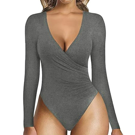 

Yuwegr Jumpsuits For Women Rompers Ruffle Dressy Long Sleeve Jumpsuit V-neck Loose Casual Summer Stretchy Bodysuit Grey L