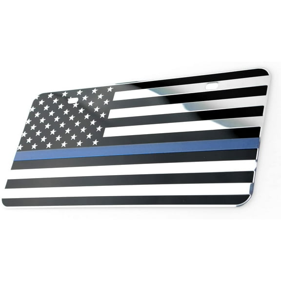bparts USA American Flag Metal Stamped Embossed License Plate 2 Hole (12"x6", Black & Chrome with Thin Blue line)