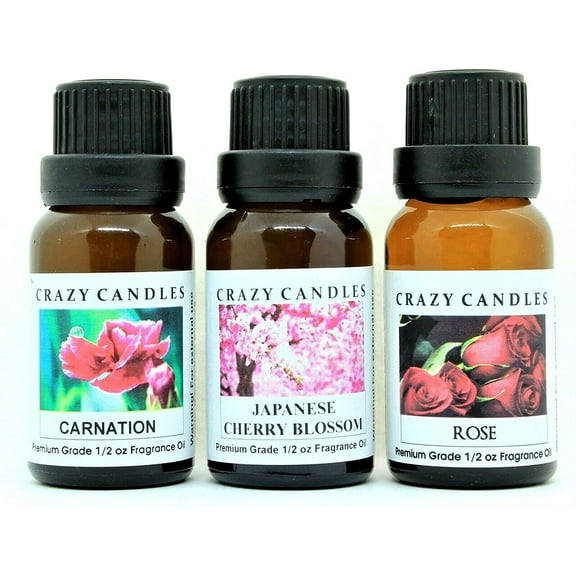 Crazy Candles 3 Bottles Set, 1 Carnation, 1 Japanese Cherry Blossom, 1 Rose 1/2 Fl Oz Each (15ml) Premium Grade Scented Fragrance Oils
