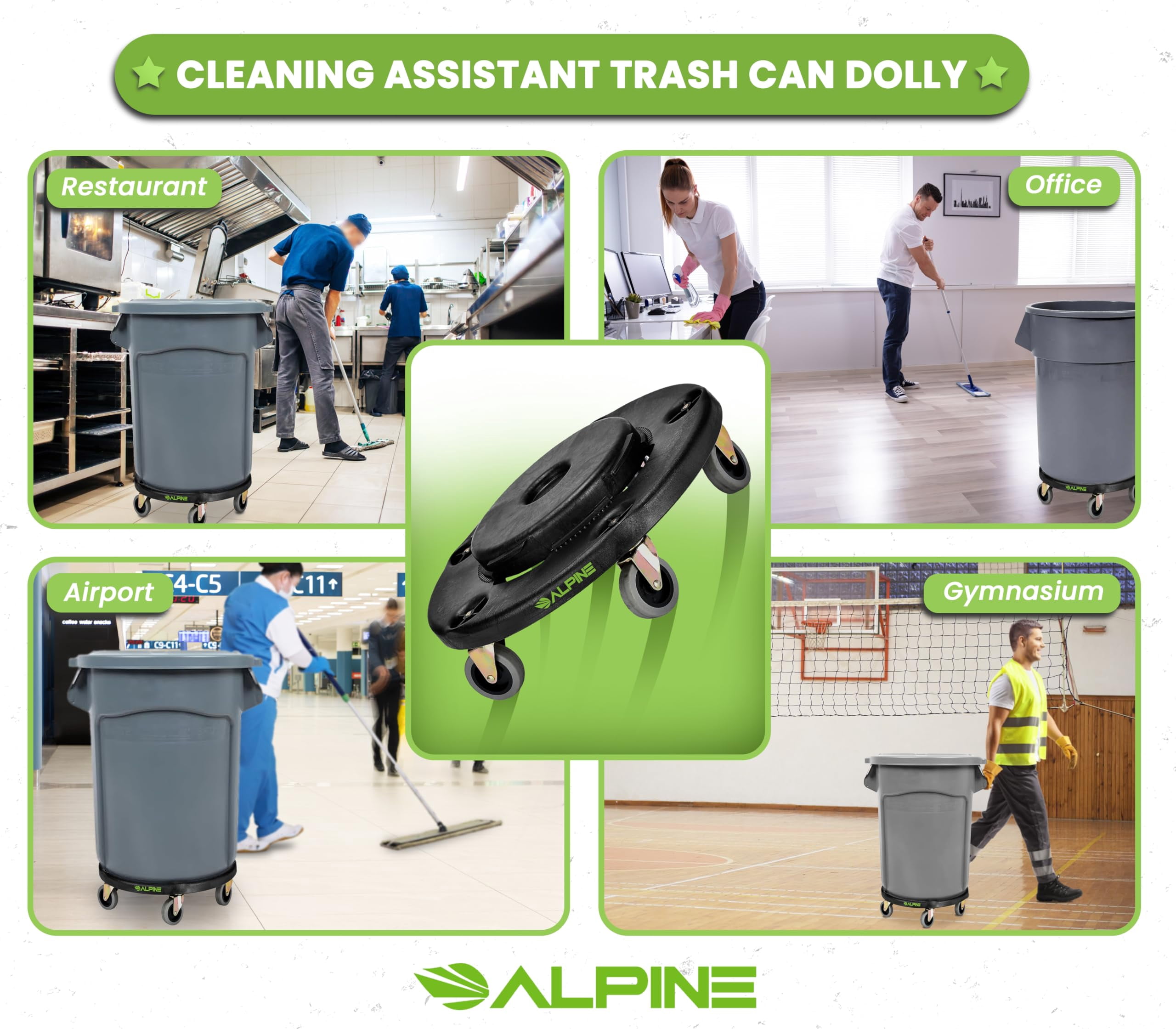 Alpine Rolling Brute Trash Can Dolly - Trash Can Dolly with Wheels / Trash Can Roller Base for Round 20, 32, 44, or 55 Gallon Garbage Bins, Heavy Duty Holds Up to 500 lbs. (Black)