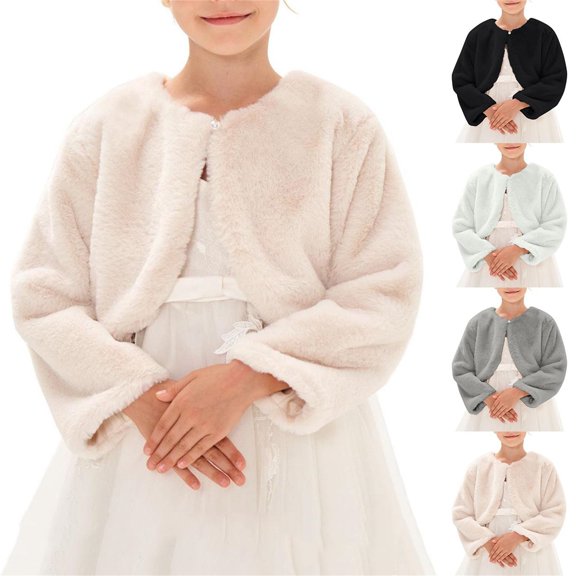 Fewfanhot Fuzzy Faux Fur Long Sleeve Bolero Shrug, Single Button Cropped Dress Cover Up Jacket for Girls Gifts
