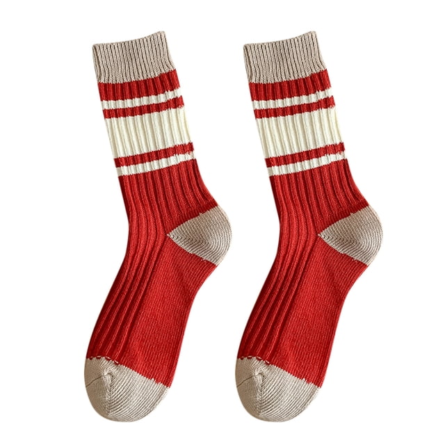 Jusqu'à 10$ Bas Multicolores Chaussettes Rouges Femmes Automne et Hiver Coton Épais Chaussettes Rayées Tout Chaud