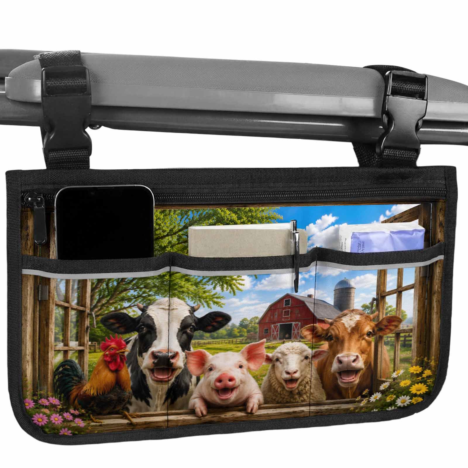 Farmhouse Wheelchair Bag with Cup Holder Bag with Reflective Stripes for Seniors Electric Wheel Chair Accessories for Adults Window View Barn Floral Wheelchair Side Bags for Rollator