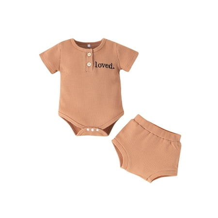 

Canrulo Newborn Baby Boy Girl Short Sleeve Letter Bodysuit Romper and Shorts Two Piece Outfits Waffle Clothes Light Brown 12-18 Months