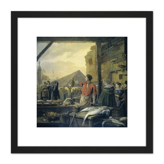 Van Regemorter Fish Market In Antwerp Painting 8X8 Inch Square Wooden Framed Wall Art Print Picture with Mount