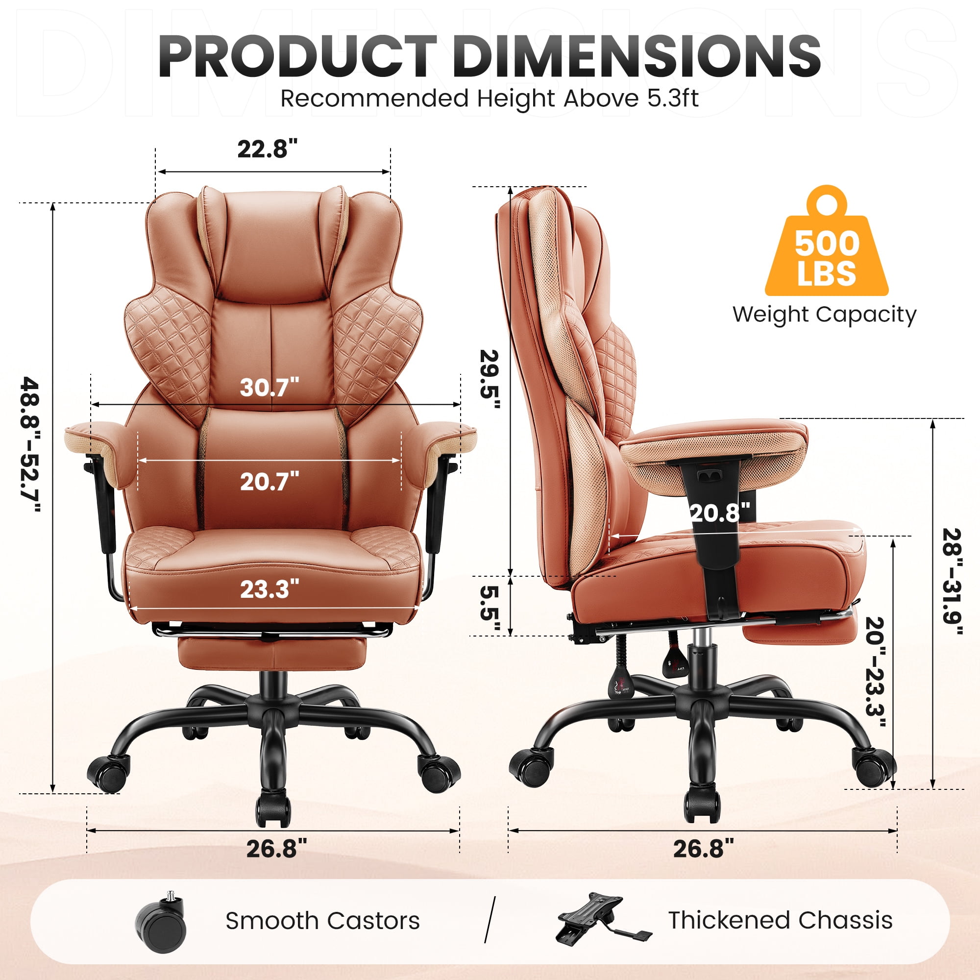 COOLHUT Big and Tall Office Chair 500lbs, Heavy Duty Ergonomic Office Desk Chair with Deluxe Embossing PU Leather with Footrest, Executive Gaming Chair with Lumbar Support, Brown