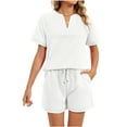 thumbnail image 2 of QUNYINEY Comfy Womens Soft Pajamas Sets White 2 Piece Short Sleeve Shirts And Shorts Drawstring with Pockets V Neck Ladies Loungewear Sets, 2 of 8