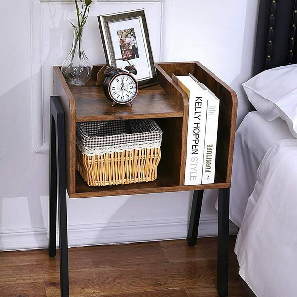 Akozon Rustic Side Table Retro Industrial Bedside Table with Storage