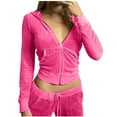 thumbnail image 2 of Zip Up Hooded Sweatshirts For Women 2024 Fall Winter Vintage Velvet Thermal Pullover V-Neck Long Sleeve Relaxed Fit Hooded Sweatshirt Tops With Pocket 2024 Hot Pink M, 2 of 7