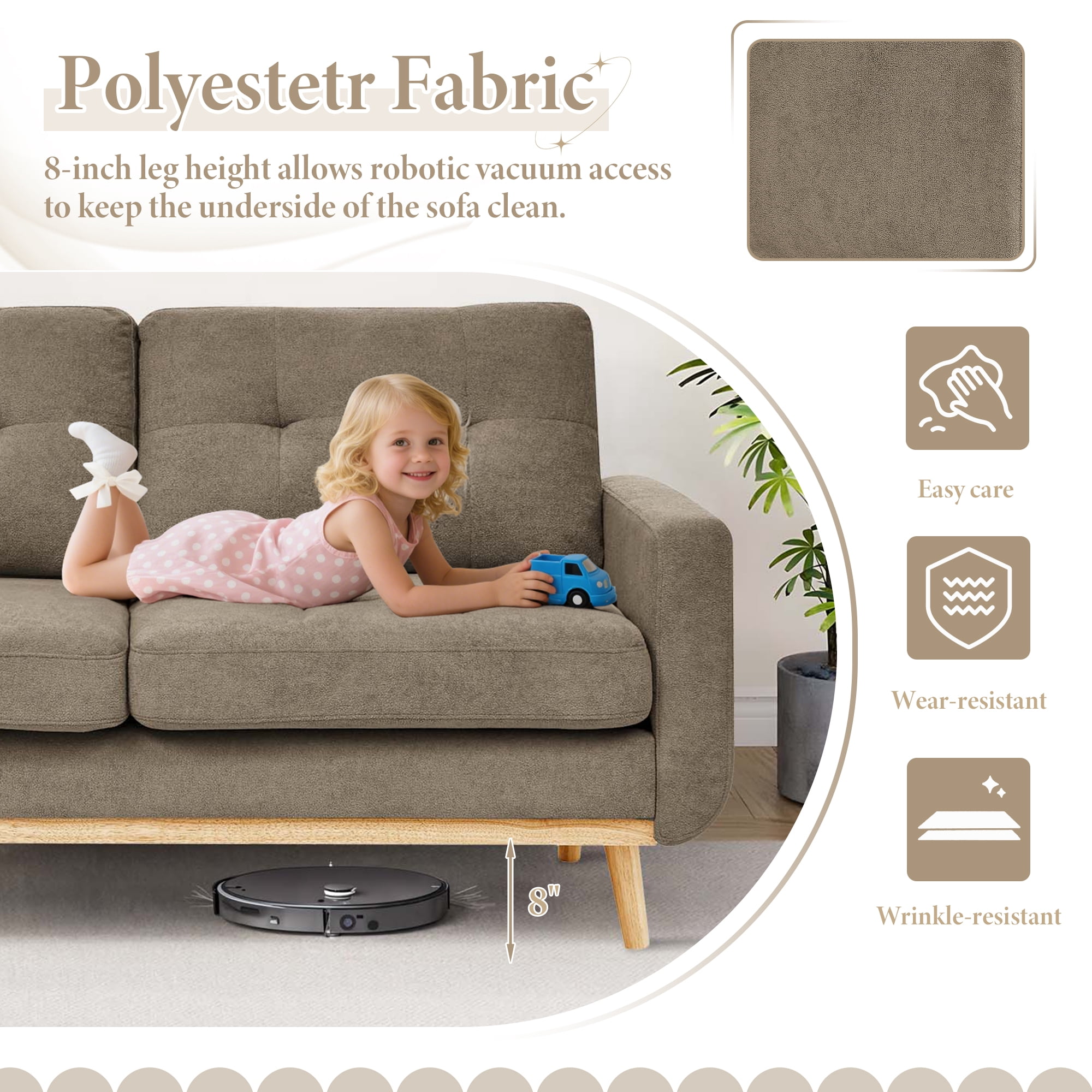 Timbernest 67.7" Loveseat Sofa, Mid-Century Loveseat Couch with Wooden Legs, Khaki Tufted Upholstery
