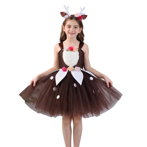Girls Christmas Deer Costume Puff Tutu Skirt Holiday Party Performance Fairy Dress For Kids