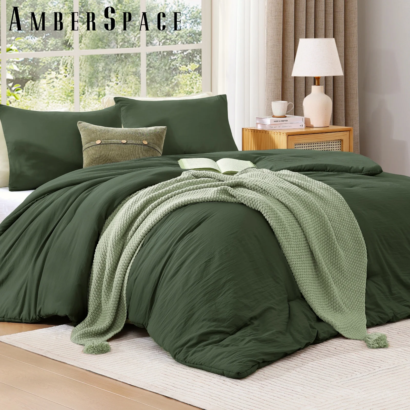 Amberspace Prewashed fabric 3-piece Bed in a Bag Comforter Set with Sheets,Deep Green,Full