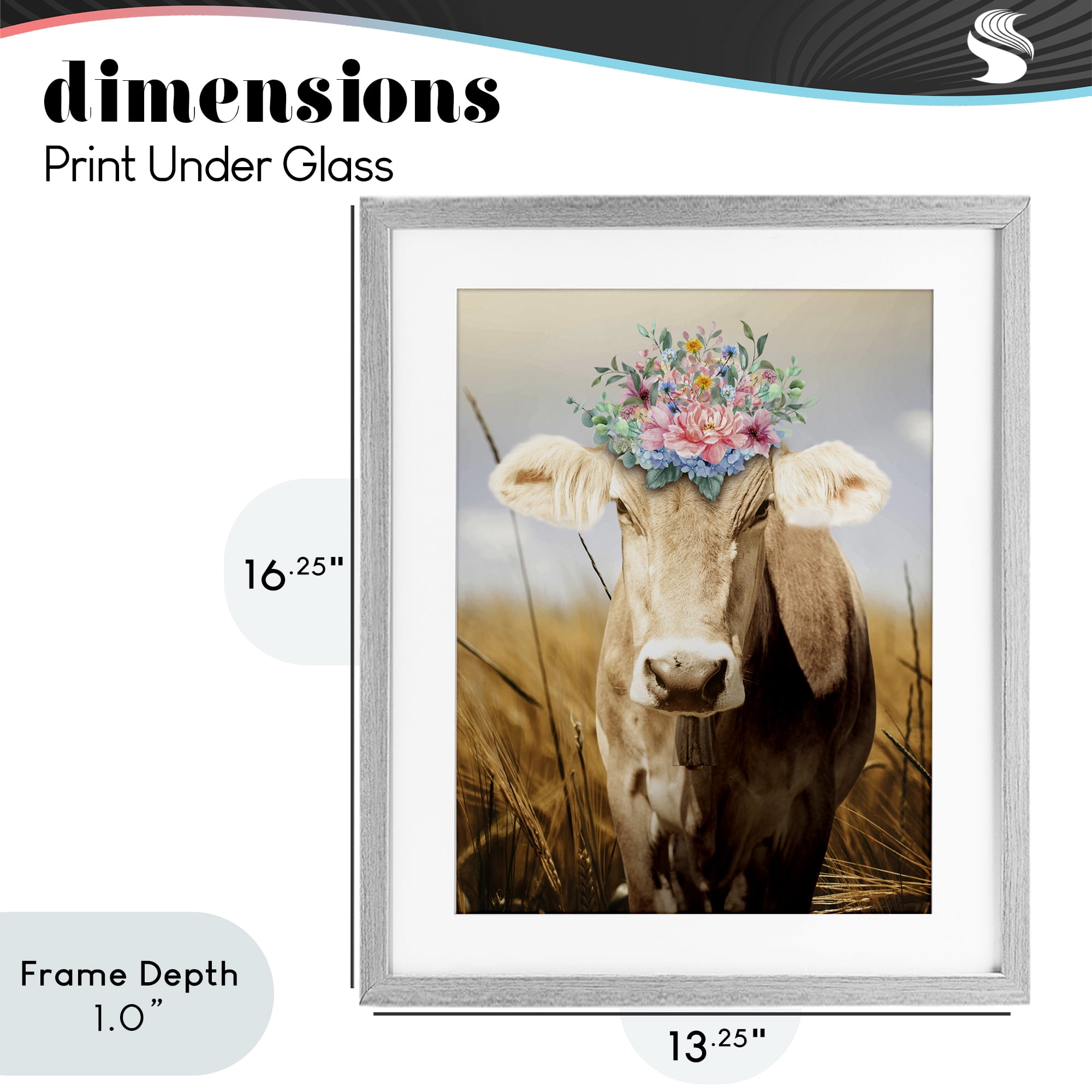 Stupell Industries Chatty Belle Cow with Florals Gray Framed Print Under Glass, design by Marcus Prime