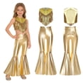 thumbnail image 2 of Aislor Girls 2 Pcs 70s Disco Outfits Metallic Gloss Sleeveless Tassels Top with Split Bell-bottom Pants Dance Outift Gold 8, 2 of 7