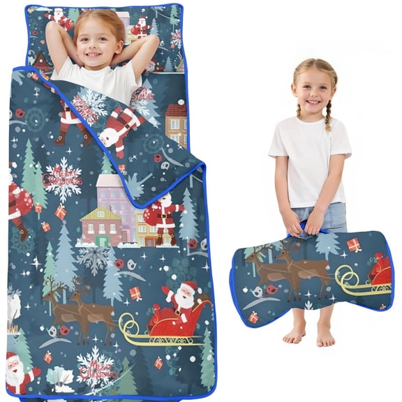 Dark Blue Christmas Santa Pattern Toddler Nap Mats for Kids Preschool,50"x20" Sleeping Mat Bag or Kids,Toddler Sleeping Bag,Toddler Nap Mat or Daycare