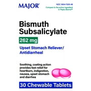 Major Bismuth Subsalicylate 262 mg Upset Stomach Reliever / Antidiarrheal - 30 Chewable Tablets