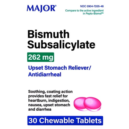 Major Bismuth Subsalicylate 262 mg Upset Stomach Reliever / Antidiarrheal - 30 Chewable Tablets