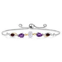 Gem Stone King 925 Silver and 10K Yellow Gold White Moissanite Purple Amethyst Red Garnet and Lab Grown Diamond Tennis Bracelet for Women By Keren Hanan (1.58 cttw, Adjustable up To 9 inch)