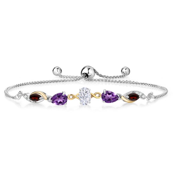 Gem Stone King 925 Silver and 10K Yellow Gold White Moissanite Purple Amethyst Red Garnet and Lab Grown Diamond Tennis Bracelet for Women By Keren Hanan (1.58 cttw, Adjustable up To 9 inch)