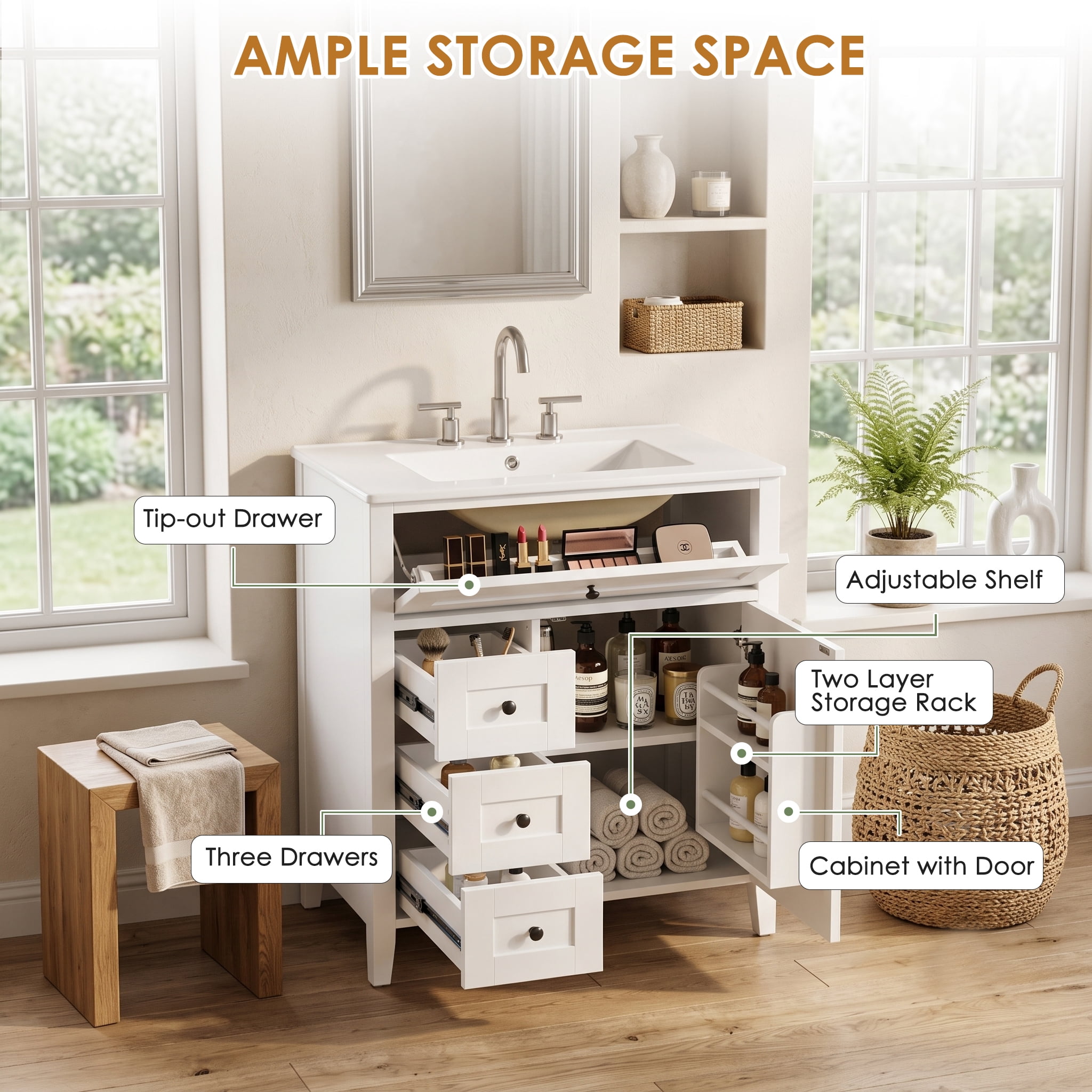 Anpport 30" Freestanding Bathroom Vanity with Sink, Modern MDF & Rubberwood Cabinet, 3 Drawers, Adjustable Shelf & Left‑Side Door, White