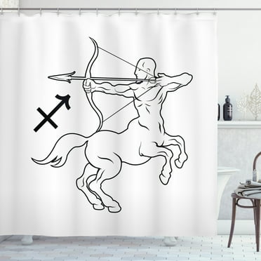 Zodiac Sagittarius Shower Curtain, Monochrome Centaur Doodle with Bow and Arrow Astrology Themed Image, Fabric Bathroom Set with Hooks, 69W X 84L Inches Extra Long, Black and White, by Ambesonne