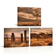 Visual Art Decor 3 Piece 12x16 inch Framed Canvas Wall Art Clearance Set Farmhouse Landscape Prints Pictures Posters Artwork Countryside Windmill Barn in Sunset Painting Artwork Decoration