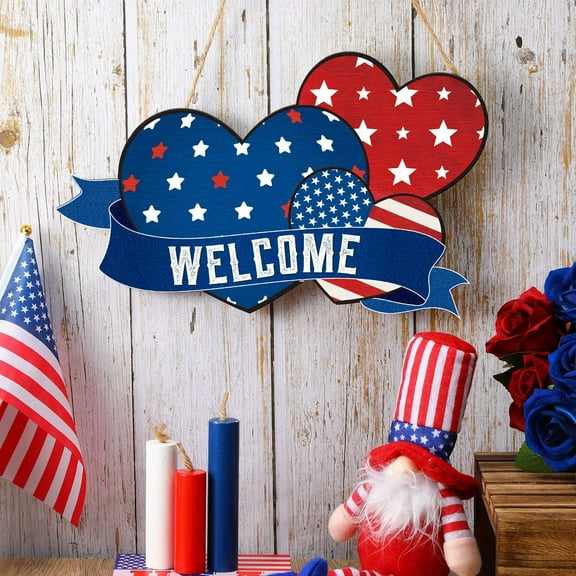 Ranliy 4Th of July Patriotic Welcome Sign for Front Door Independence Day Wood Heart Welcome Hanging Sign Memorial Day Hanging Wall Decor for Front Door Porch Home Wall Wreath Porch Decorations