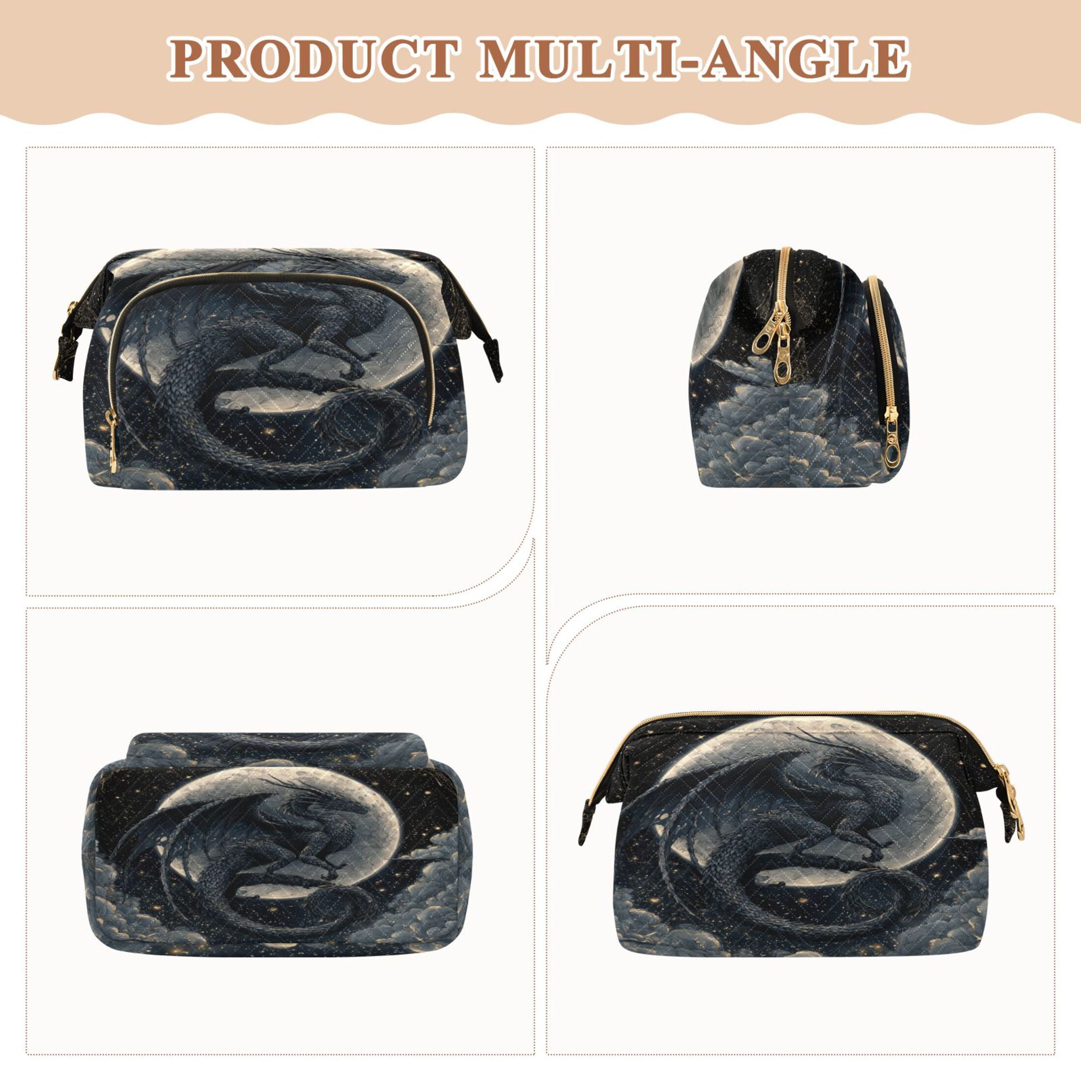 Wavy Quilted Cosmetic Bag Large-Capacity Travel Toiletry Organizer Includes 9-Piece Portable Travel Bottle Set Black Devil Dragon
