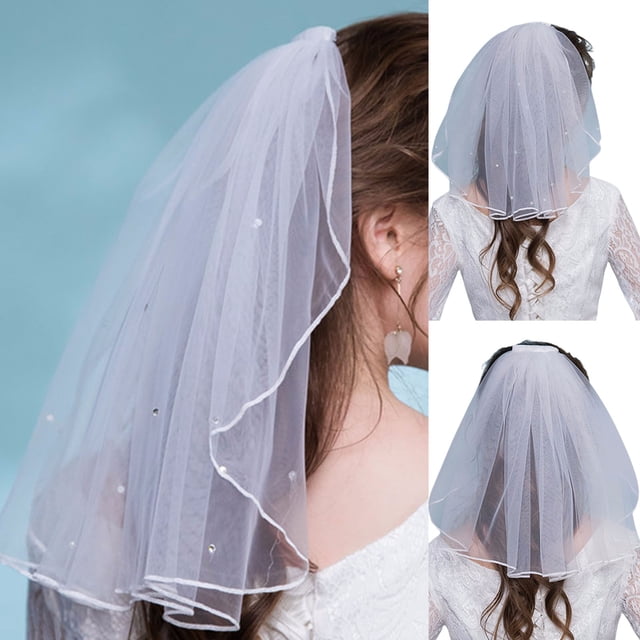 Trayknick 40cm Beautiful with Comb Net Yarn Bridal Veil Single Layer Ribbon Edge Short Veil Hair Accessories Style 1